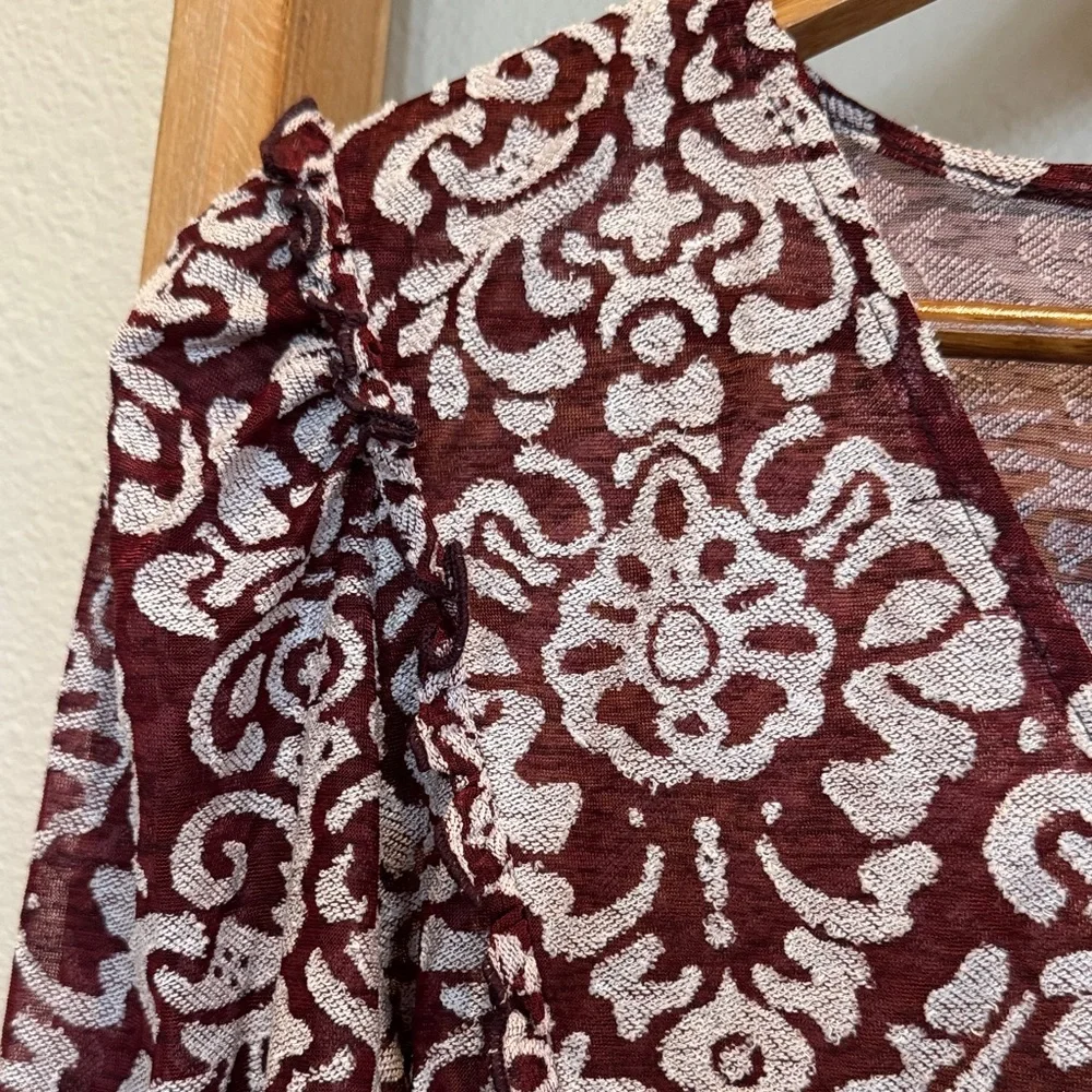 Anthropologie Burgundy and White Floral Print V-Neck Blouse